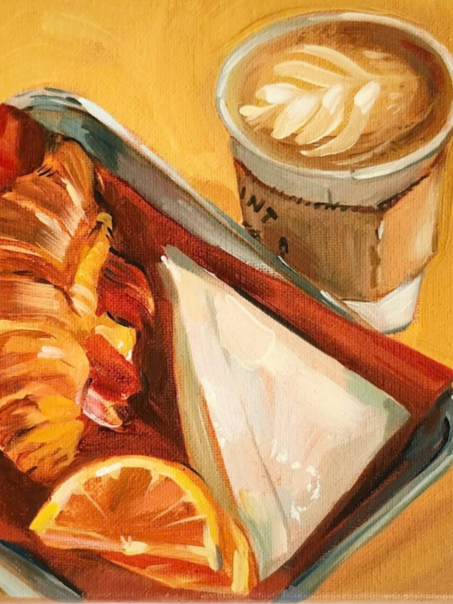 Coffee and Croissant — Oil on canvas, 8" × 8"